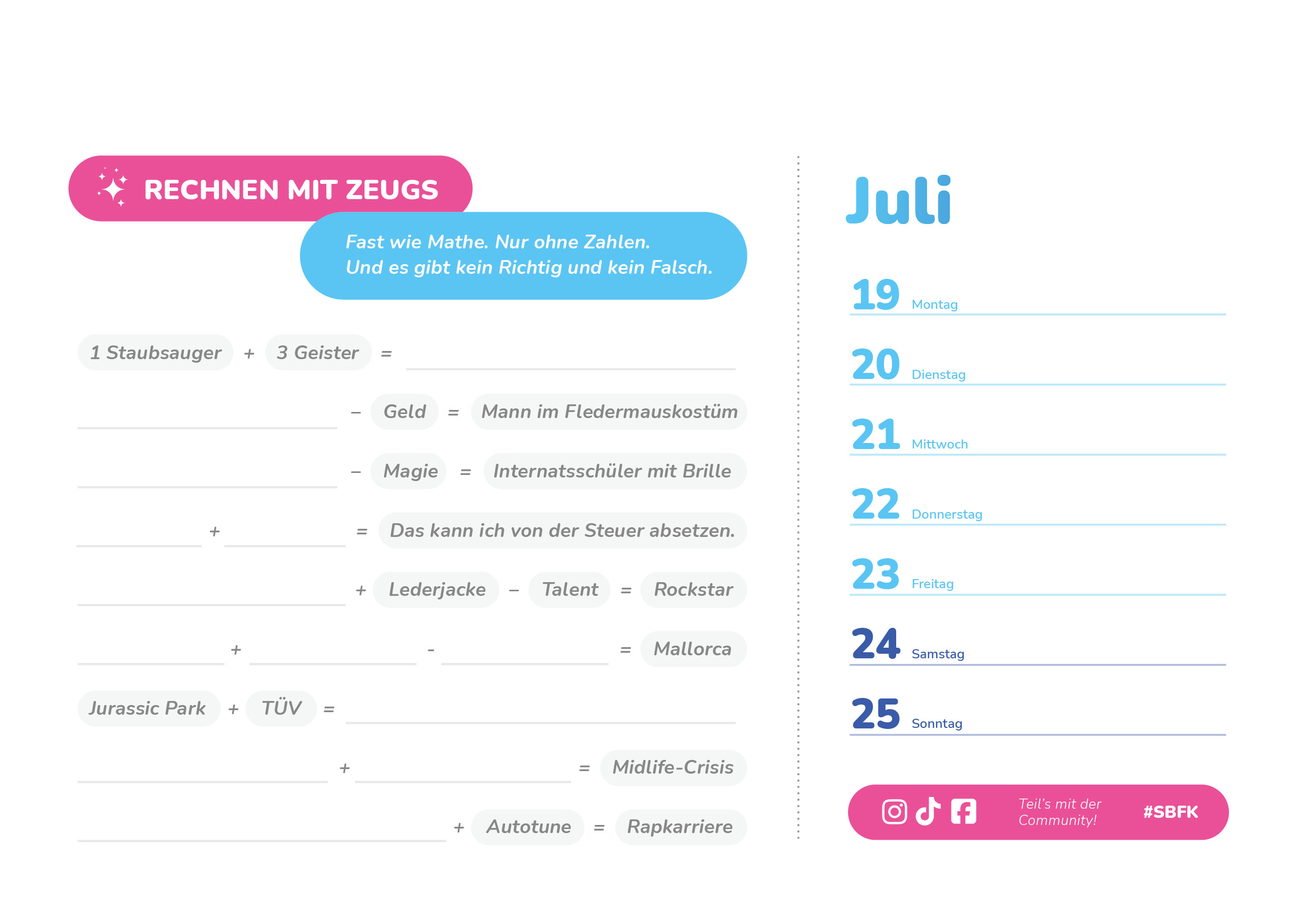 Kalenderseite: Rechnen mit Zeugs.